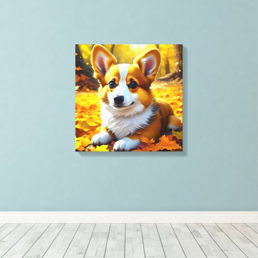 Corgi Puppy Dog Spielen in Herbstlauben Leinwanddruck (Insitu (Holzboden))