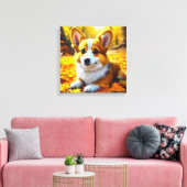 Corgi Puppy Dog Spielen in Herbstlauben Leinwanddruck (Insitu (Wohnzimmer))