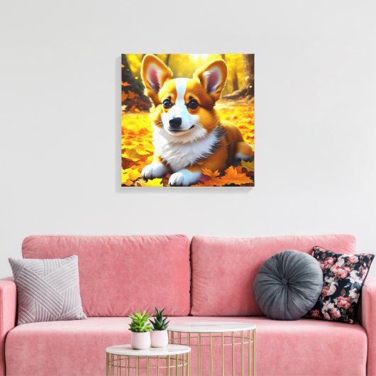 Corgi Puppy Dog Spielen in Herbstlauben Leinwanddruck (Insitu (Wohnzimmer))