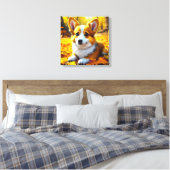 Corgi Puppy Dog Spielen in Herbstlauben Leinwanddruck (Insitu (Schlafzimmer))