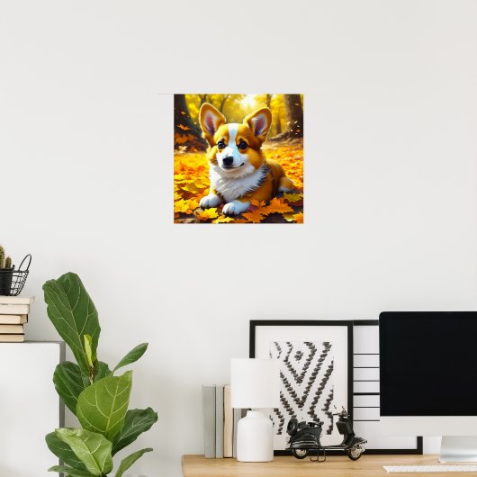 Corgi Puppy Dog Spielen in Herbstlauben Poster (Heimbüro)