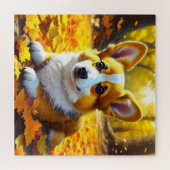 Corgi Puppy Dog Spielen in Herbstlauben Puzzle (Horizontal)