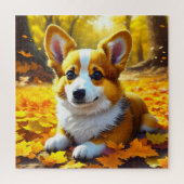 Corgi Puppy Dog Spielen in Herbstlauben Puzzle (Vertikal)