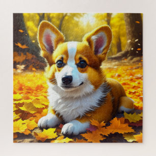 Corgi Puppy Dog Spielen in Herbstlauben Puzzle