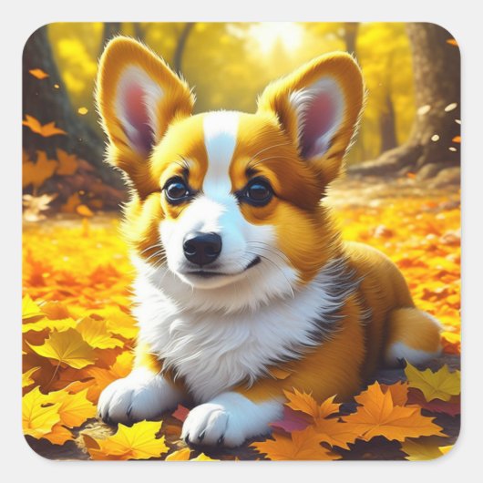 Corgi Puppy Dog Spielen in Herbstlauben Quadratischer Aufkleber (Vorderseite)