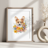 Corgi Puppy Funny Pet Wasserfarbe Blume Poster