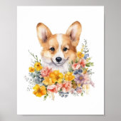 Corgi Puppy Funny Pet Wasserfarbe Blume Poster (Vorne)