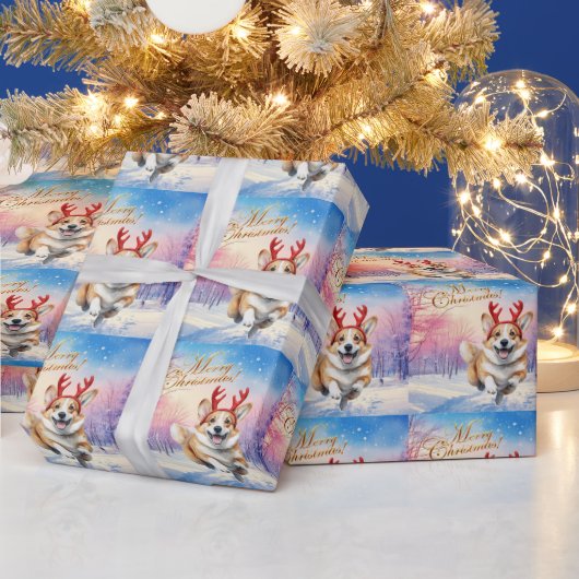 Corgi Rentier-Geweihe springen im Schnee Geschenkpapier (Feiertage)