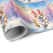 Corgi Rentier-Geweihe springen im Schnee Geschenkpapier (Rolleneckpunkt)