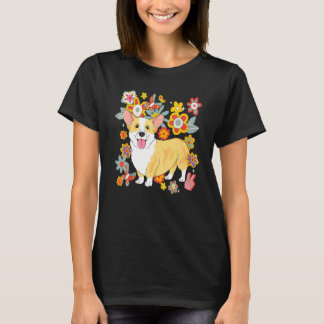 Corgi Retro 60er 70er Jahre Stimmung Blume Frieden T-Shirt