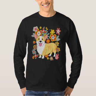 Corgi Retro 60er 70er Jahre Vibe Flower Peace Sign T-Shirt