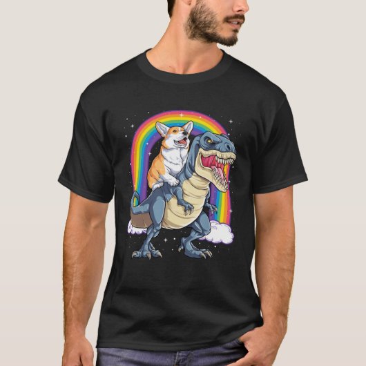 Corgi Riding Dinosaur rex  Men Women Rainbow T-Shirt (Vorderseite)