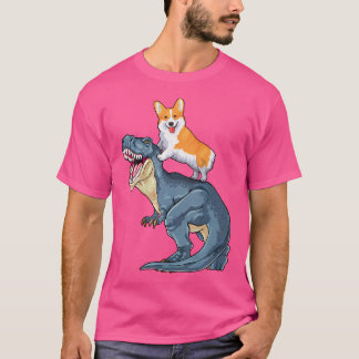 Corgi Riding Dinosaur T Rex Dog Funny Corgi Space T-Shirt