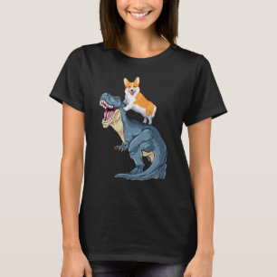 Corgi Riding Dinosaur T Rex Dog Funny Corgi Space T-Shirt