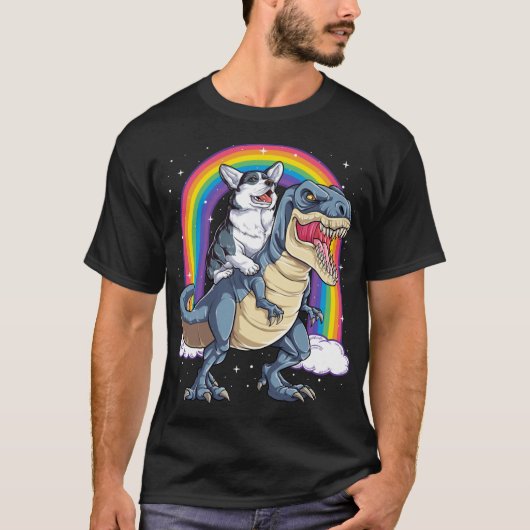 Corgi Riding Dinosaur T rex Shirt Funny Rainbow Do (Vorderseite)