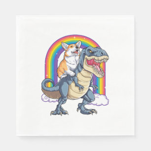 Corgi Riding Dinosaur T rex Shirt Funny Rainbow Do Serviette