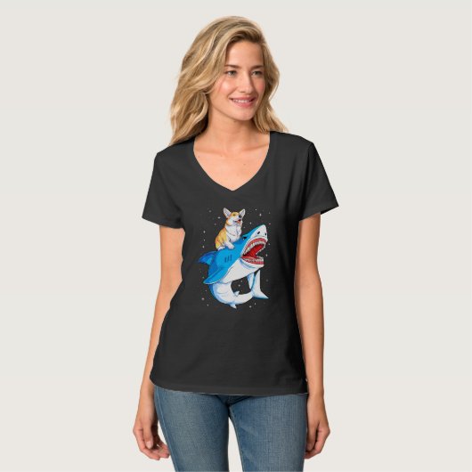 Corgi Riding Shark Jawsome Dog Galaxy T-Shirt (Vorderseite Vollansicht)