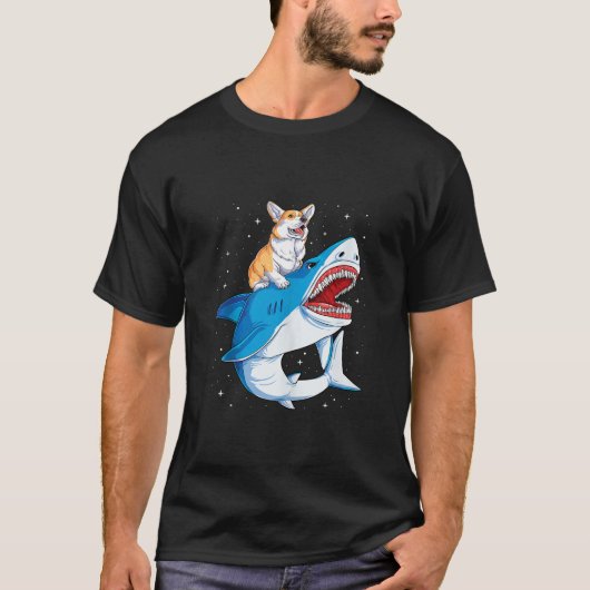 Corgi Riding Shark Jawsome Dog Lover Gifts Space G T-Shirt (Vorderseite)