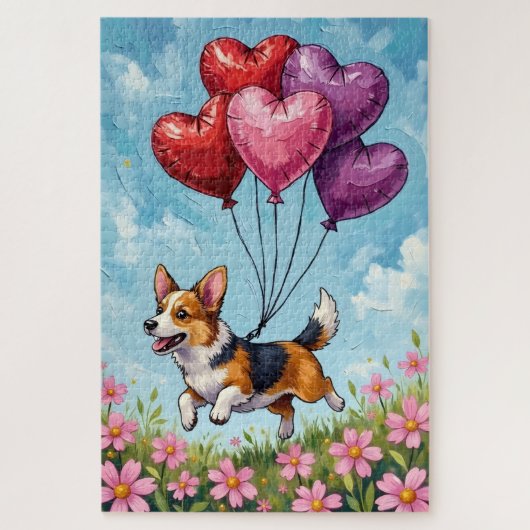Corgi Running with Valentine's Heart Balloons Puzzle (Vertikal)