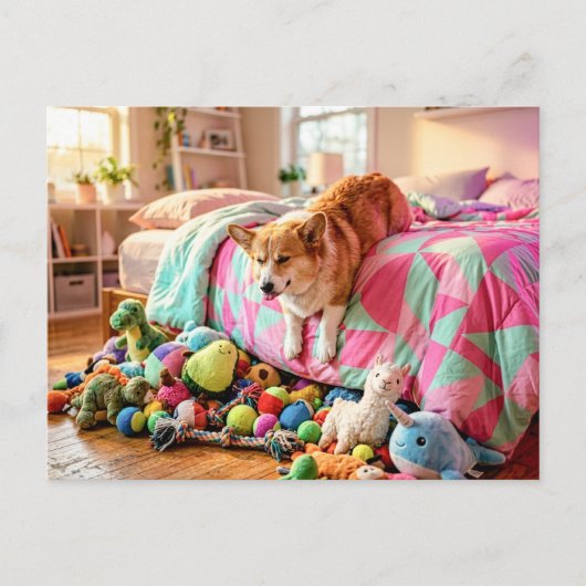 Corgi rutscht schlafend vom Bett herunter Postkarte (Vorderseite)
