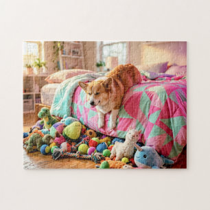 Corgi rutscht schlafend vom Bett Puzzle