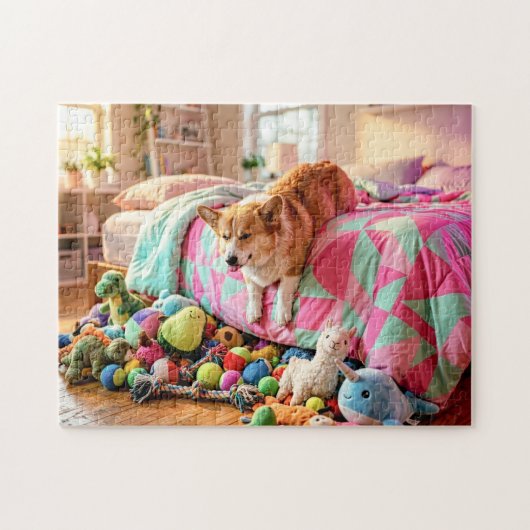 Corgi rutscht schlafend vom Bett Puzzle (Horizontal)