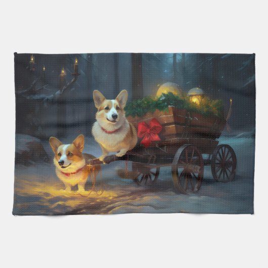 Corgi Snowy Sleigh Weihnachtsdekor Geschirrtuch (Horizontal)