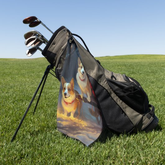 Corgi Snowy Sleigh Weihnachtsdekor Golfhandtuch (Gras)