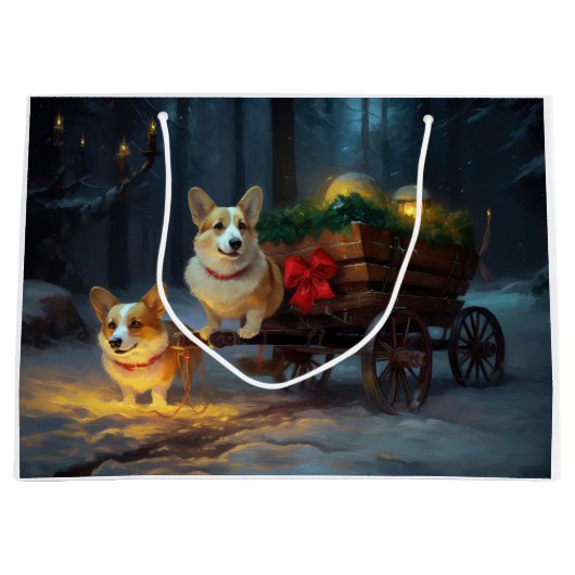Corgi Snowy Sleigh Weihnachtsdekor Große Geschenktüte (Vorderseite)