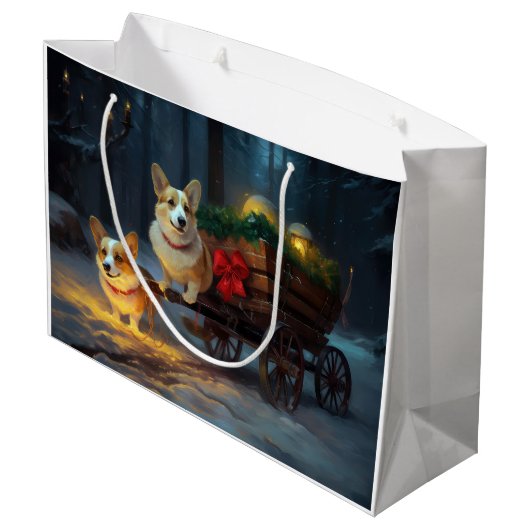Corgi Snowy Sleigh Weihnachtsdekor Große Geschenktüte (Rückseite Schrägansicht)