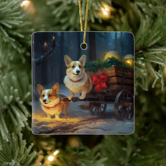 Corgi Snowy Sleigh Weihnachtsdekor Keramikornament (Baum)