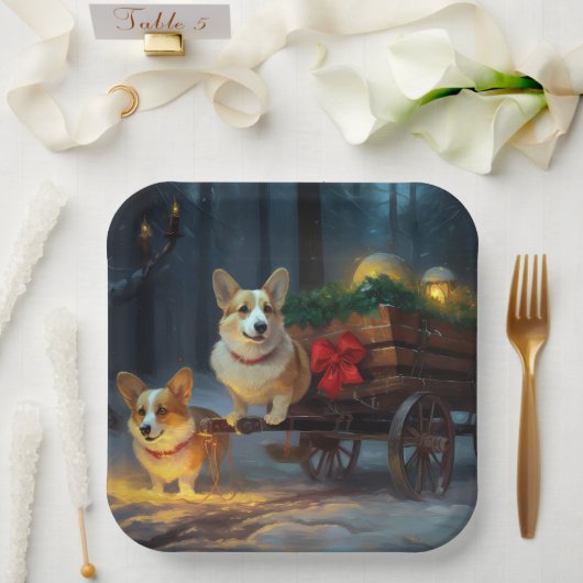 Corgi Snowy Sleigh Weihnachtsdekor Pappteller (Hochzeit)