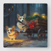 Corgi Snowy Sleigh Weihnachtsdekor Quadratische Wanduhr (Vorderseite)
