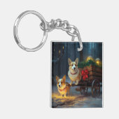 Corgi Snowy Sleigh Weihnachtsdekor Schlüsselanhänger (Vorderseite links)