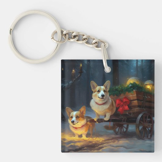 Corgi Snowy Sleigh Weihnachtsdekor Schlüsselanhänger (Vorderseite)