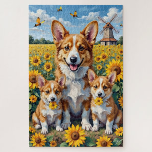 Corgi-Sonnenblumenfeld-Kunst Puzzle