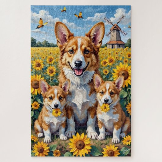 Corgi-Sonnenblumenfeld-Kunst Puzzle (Vertikal)