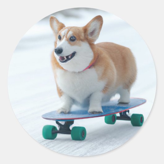 Corgi Spaß Skateboarding Runder Aufkleber (Vorderseite)