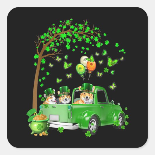 Corgi St Patricks Day Grüner LKW unter dem Baum Quadratischer Aufkleber (Vorderseite)