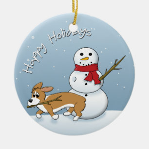 Corgi stiehlt der Arm-Weihnachtsverzierung des Keramikornament