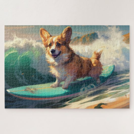 Corgi Strand Surfen Malerei Puzzle (Horizontal)