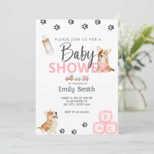 Corgi Theme Kinderdusche Einladung (Stehend Vorderseite)