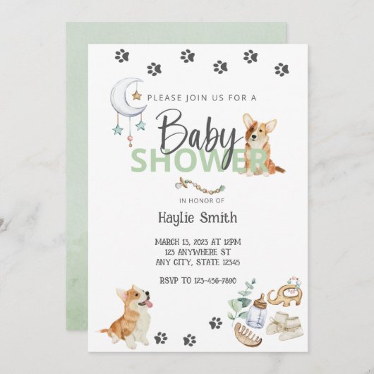 Corgi Theme Kinderdusche Einladung (Vorne/Hinten)