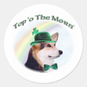 Corgi Top of the Morn'; Corgi St. Patrick's Day Runder Aufkleber