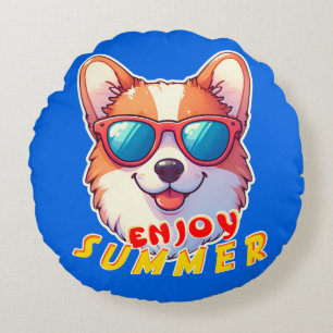Corgi trägt eine Sonnenbrille Genießen Sie den Som Rundes Kissen