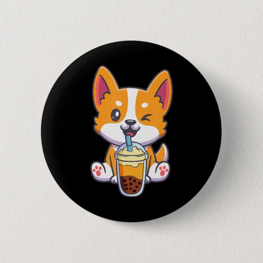 Corgi trinkt Boba Bubble Tee Drink Dog Anime Kaw Button (Vorderseite)