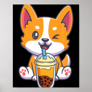 Corgi trinkt Boba Bubble Tee Drink Dog Anime Kaw Poster