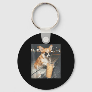 Corgi trinkt Eiskaffee lustiger Tier-Meme Corgi Schlüsselanhänger