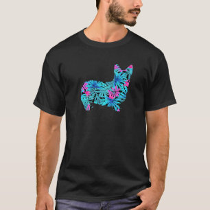 Corgi Tropisches Blumen-Hund-Silhouette Rosa Blau T-Shirt