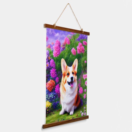 Corgi und Blume Wandteppich Mit Holzrahmen (Gewinkelt)